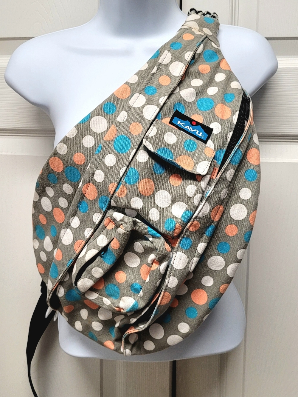 Kavu Gray Sling Bag with Blue, Peach & White Polka Dots